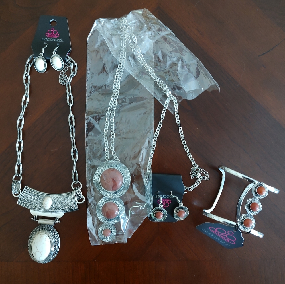 Paparazzi jewelry silver, pink, & white. Necklaces, earrings, & cuff bracelet.